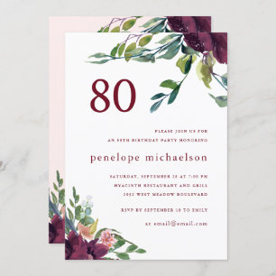 Beautiful Watercolor Floral 80th Birthday Invitation