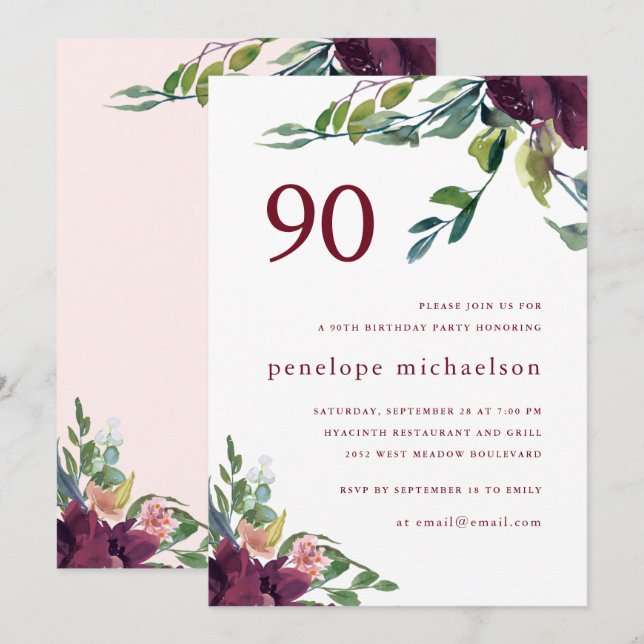 Beautiful Watercolor Floral 90th Birthday Invitation (Front/Back)