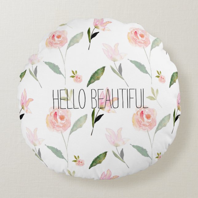 Beautiful Watercolor Floral Blush Pink Round Pillow (Front)