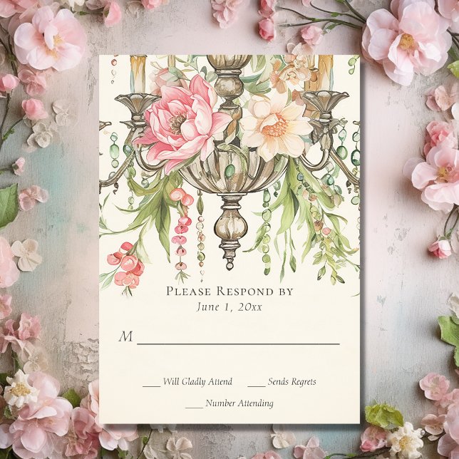 Beautiful Watercolor Floral Chandelier Wedding RSVP Card (Front - Beautiful Watercolor Floral Chandelier Wedding RSVP Card)