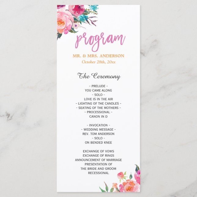 Beautiful Watercolor Floral Modern Wedding Program (Front)