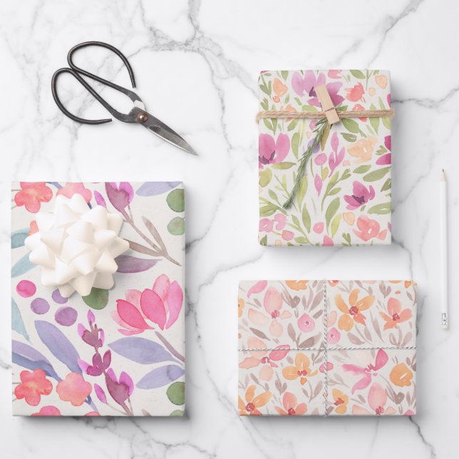 Beautiful Watercolor Floral Pattern Wrapping Paper Sheet (Front)