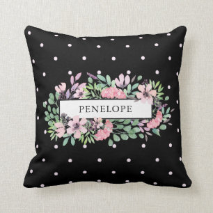 Beautiful Watercolor Floral   Polka Dots on Black Throw Pillow