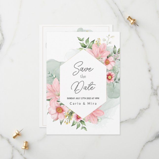 Beautiful Watercolor Floral Save The Date (Front/Back In Situ)