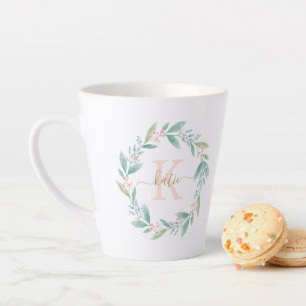Beautiful Watercolor Floral Wreath Monogram Latte Mug