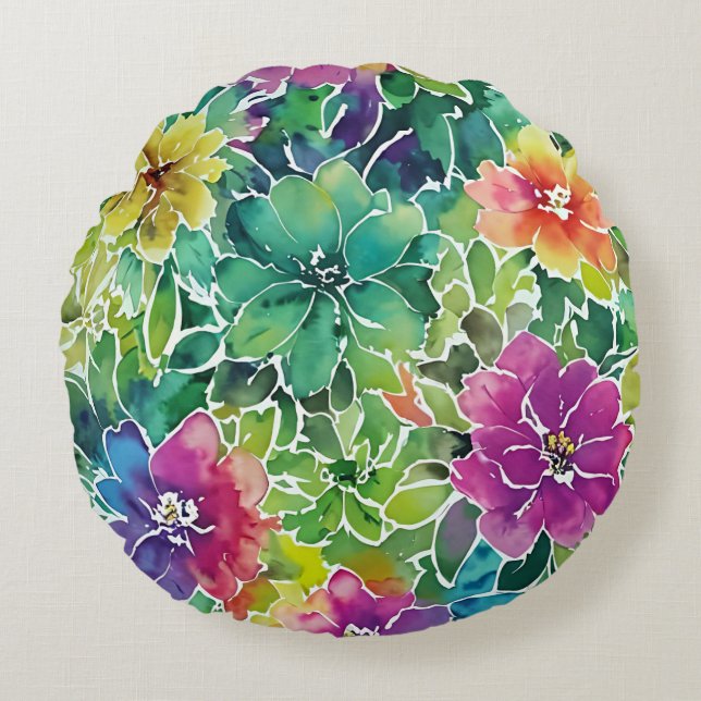 Beautiful Watercolor Flower Pattern Round Pillow (Front)