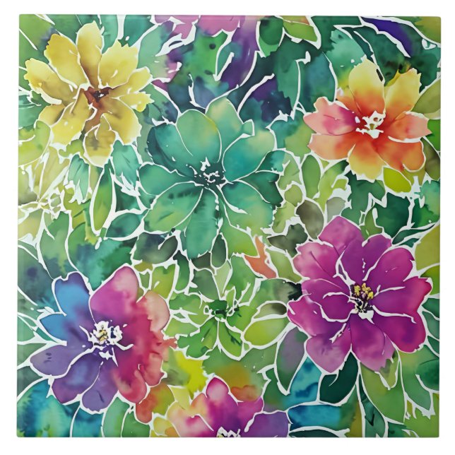 Beautiful Watercolor Flower Pattern Tile (Front)
