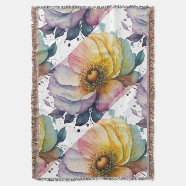 Beautiful Watercolor Flower Throw Blanket (Front Vertical)