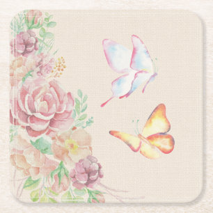 Beautiful Watercolor Flowers and Butterflies Square Paper Coaster