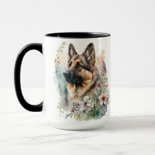 BEAUTIFUL WATERCOLOR GERMAN SHEPHERD DOG FLOWERS MUG