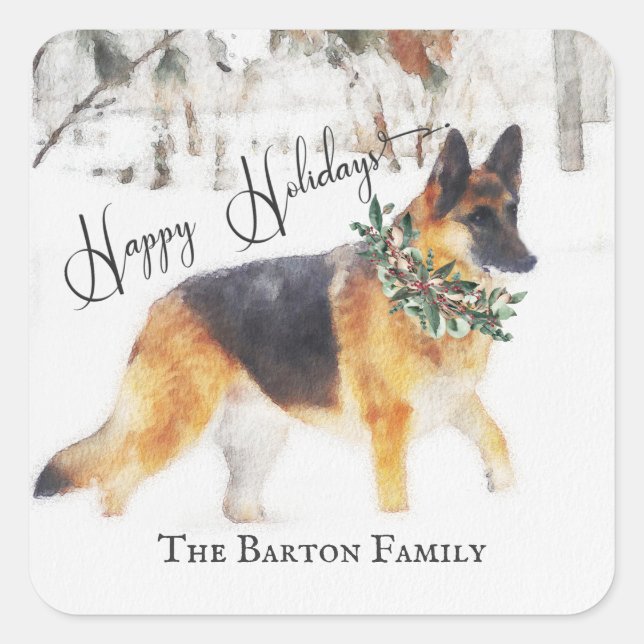 Beautiful Watercolor German Shepherd Holiday Square Sticker (Front)