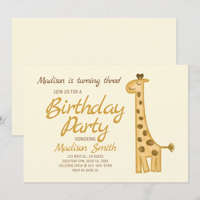 Beautiful Watercolor Giraffe Birthday Invitation (Front/Back)