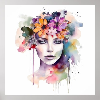 Beautiful Watercolor Girl with Flowers in Her Hair Poster