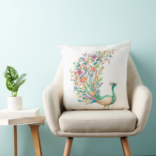 Beautiful watercolor green peacock throw pillow