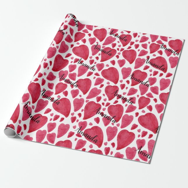 Beautiful Watercolor Heart Name Wrapping Paper (Unrolled)