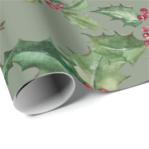 Beautiful Watercolor Holly and Berries Wrapping Paper