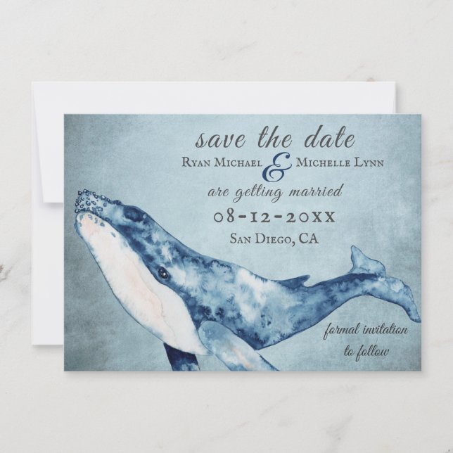 Beautiful Watercolor Humpback Whale Beach Wedding Save The Date (Front)