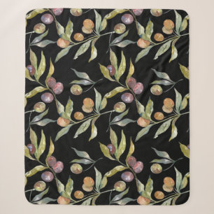 Beautiful Watercolor Italian Olives Pattern Black Sherpa Blanket