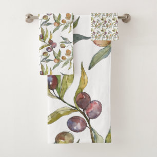 Beautiful Watercolor Italian Olives Pattern White Bath Towel Set