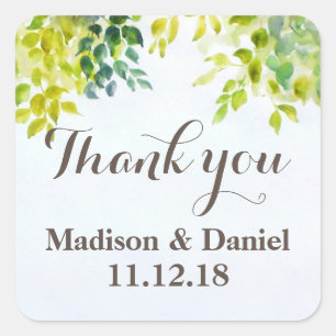 Beautiful Watercolor Leaves Wedding Thank You Square Sticker