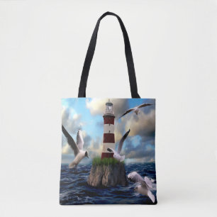 Beautiful Watercolor Lighthouse Scene Tote Bag