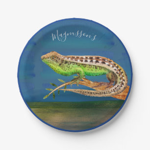 Beautiful watercolor lizard knot blue green custom paper plate