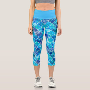 Beautiful Watercolor Moroccan Blue Marble Pattern Capri Leggings
