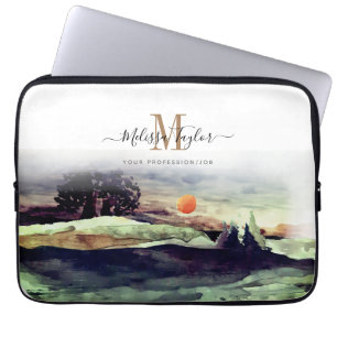 Beautiful Watercolor Mountains and Trees Monogram Laptop Sleeve