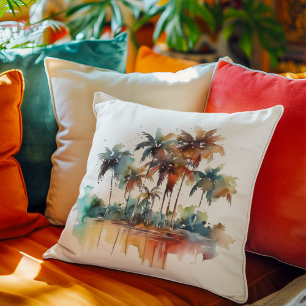Beautiful watercolor  of a beach with palm trees throw pillow