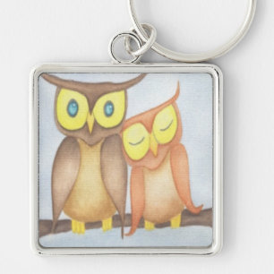Beautiful Watercolor Owl Lovers Keychain