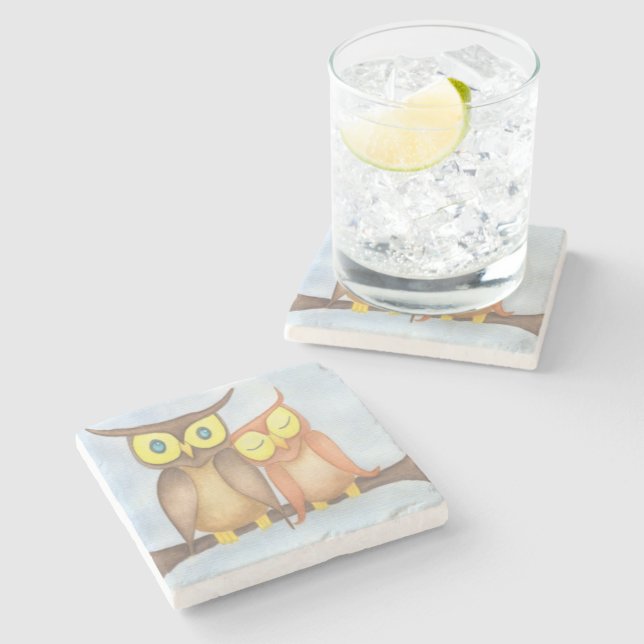 Beautiful Watercolor Owl Lovers Stone Coaster (Side)