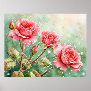 Beautiful Watercolor Painting of Red Roses Poster