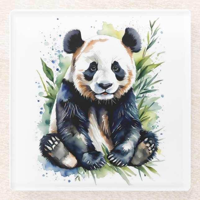 Beautiful Watercolor Panda Bear  Glass Coaster (Front)