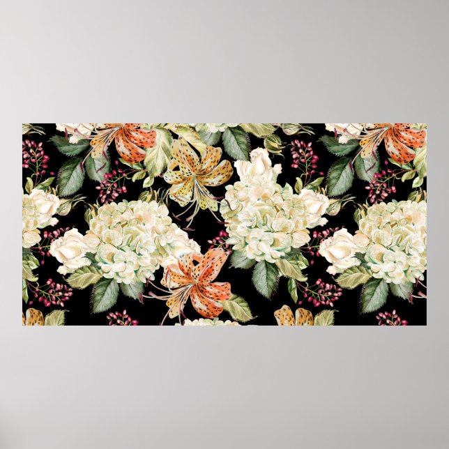 Beautiful watercolor pattern with flowers of hydra poster (Front)