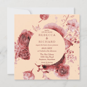 Beautiful Watercolor Peach Burgundy floral wedding Invitation