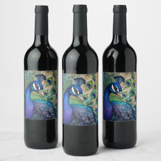 Beautiful Watercolor Peacock  Wine Label