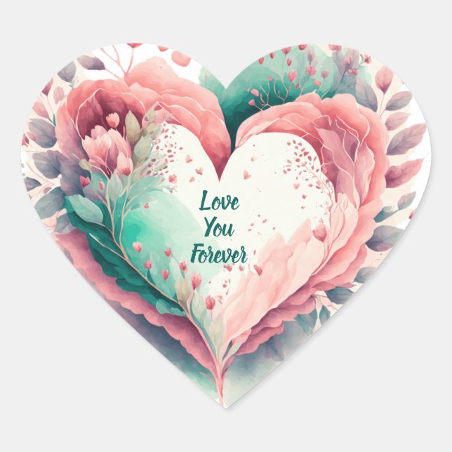 Beautiful Watercolor Pink and Green Floral  Heart Sticker (Front)