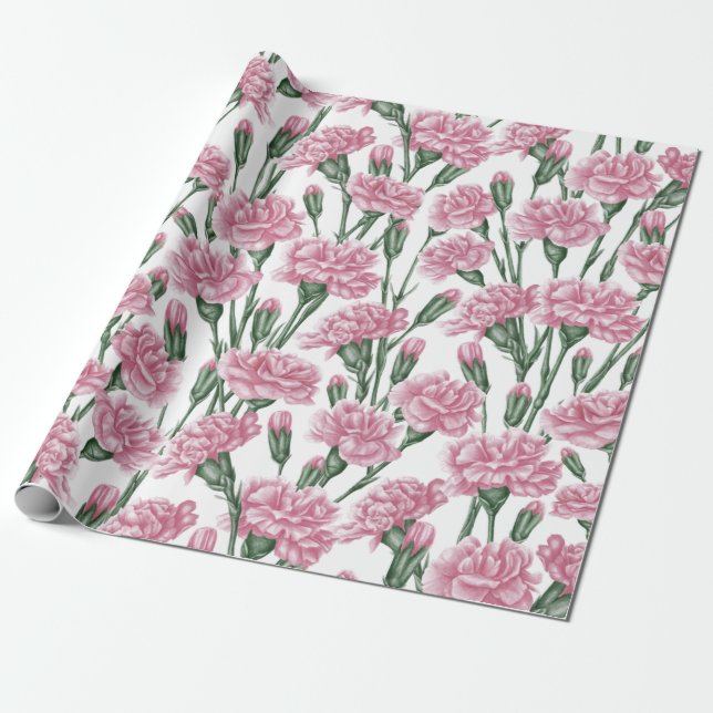 Beautiful Watercolor Pink Carnation Flowers Wrapping Paper (Unrolled)