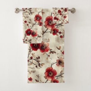 Beautiful Watercolor Red Apple Blossom Bath Towel Set
