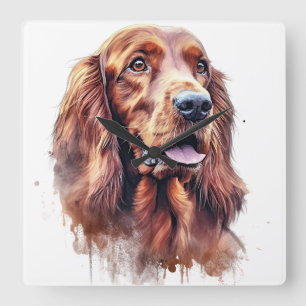 BEAUTIFUL WATERCOLOR RED IRISH SETTER DOG SQUARE WALL CLOCK