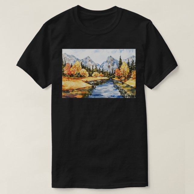 Beautiful Watercolor River And Mountain Landscape T-Shirt (Design Front)