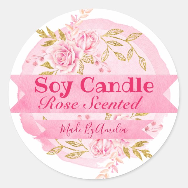 Beautiful Watercolor Rose Scent Soy Candle Labels (Front)
