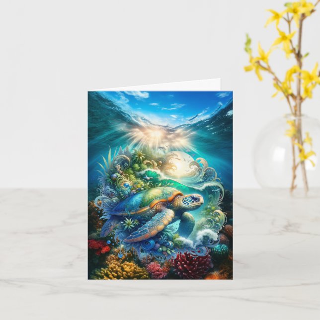 Beautiful Watercolor Sea Turtle Greeting Card (Yellow Flower)