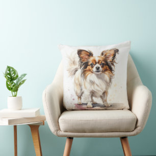 BEAUTIFUL WATERCOLOR SMALL PAPILLON PUPPY DOG THROW PILLOW