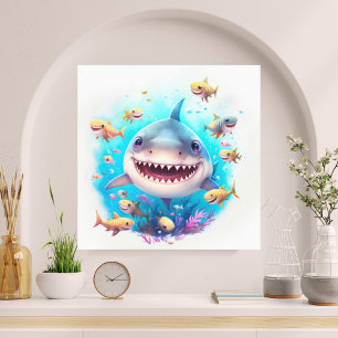 Beautiful Watercolor Smiling Baby Shark Undersea Canvas Print