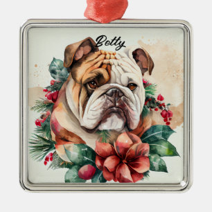 BEAUTIFUL WATERCOLOR SNOWY BULLDOG DOG FACE METAL ORNAMENT