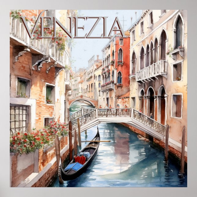 Beautiful Watercolor Venice Canal Travel Poster (Front)