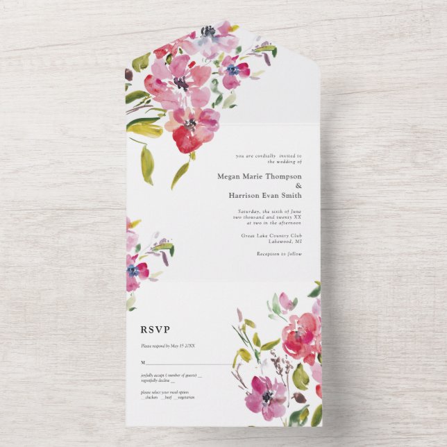 Beautiful watercolor wildflower wedding design all in one invitation (Inside)