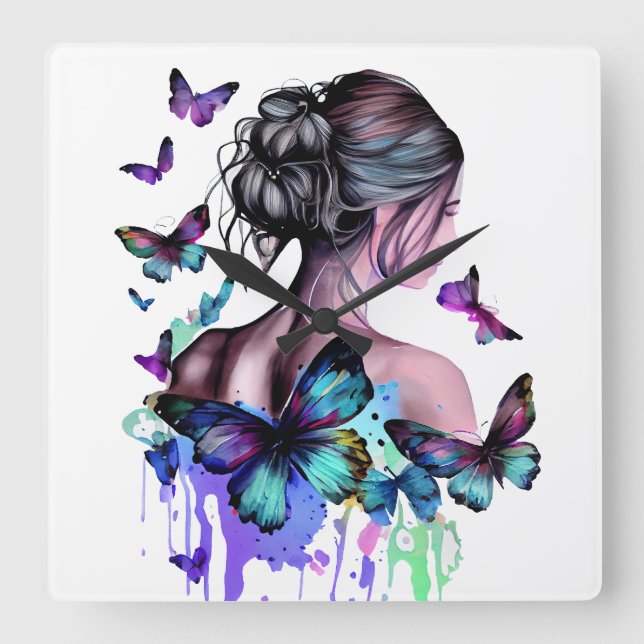 BEAUTIFUL WATERCOLOR WOMAN WITH BUTTERFLIES SQUARE WALL CLOCK (Front)