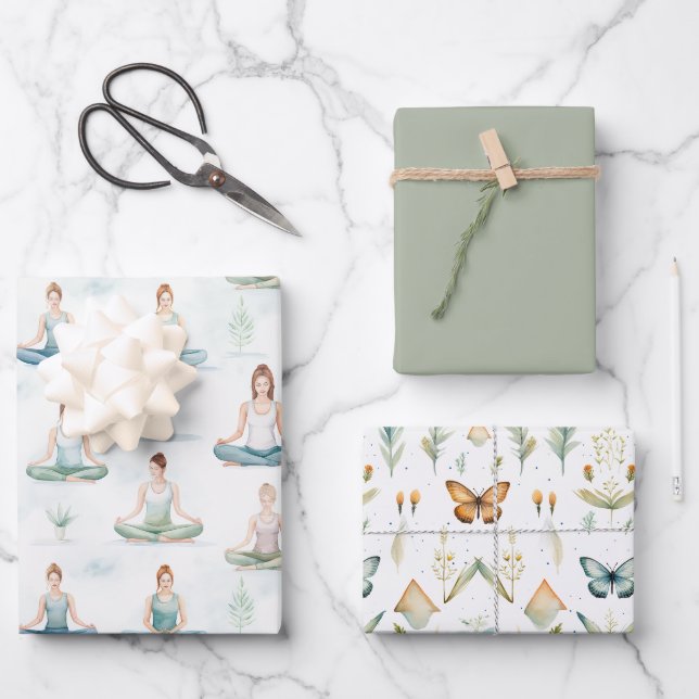 Beautiful Watercolor Yoga Girls Meditating Nature Wrapping Paper Sheet (Front)